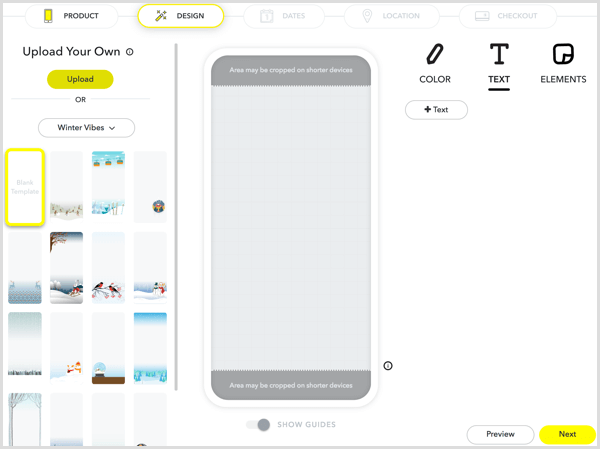 Aby zaprojektować filtr, prześlij swoją grafikę lub utwórz grafikę za pomocą narzędzi Snapchata.
