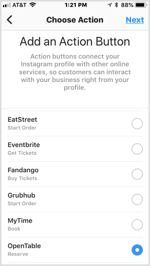 Instagram Dodaj ekran przycisku akcji dla usług innych firm