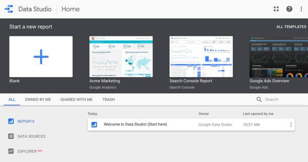 Użyj Google Data Studio, krok 1.