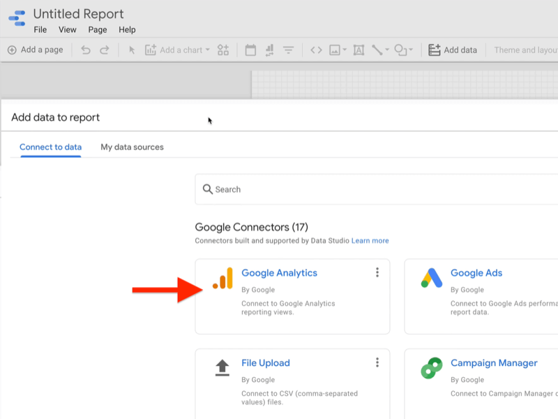 przykład utwórz pusty raport Google Data Studio dodaj dane do menu raportu połącz się z zakładką danych pokazującą łączniki Google z podświetloną analizą Google Analytics by Google Connector