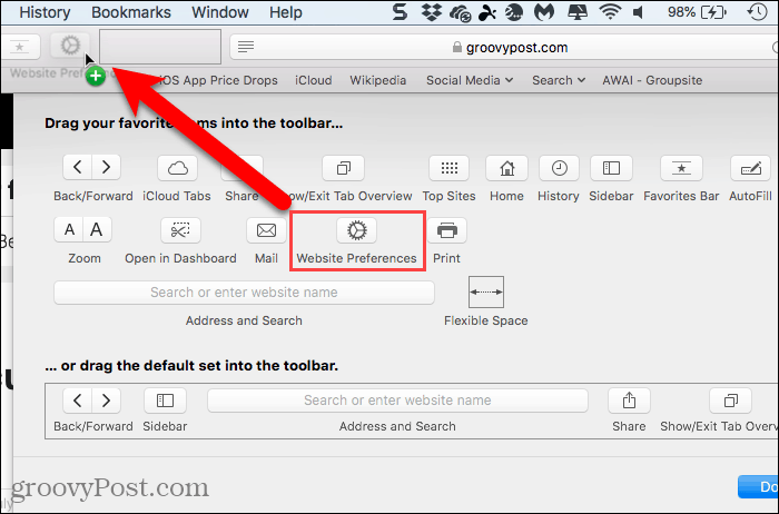 Dodaj przycisk Preferencji witryny do paska narzędzi w przeglądarce Safari dla komputerów Mac