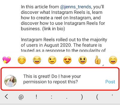 Instagram post przykładowa odpowiedź na komentarz z pochwałą i prośbą o pozwolenie na ponowne opublikowanie treści