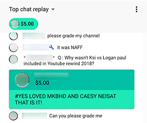 To jest zrzut ekranu Superczatu z Nimmin Live, programu na żywo w YouTube prowadzonego przez Nicka Nimmina i jego brata Dee Nimmina. Widz dał 5,00 $ i skomentował „#Yes Loved MKBHD and Caesy Neisat, to jest to!”