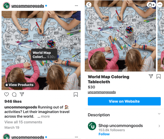 zrzuty ekranu przedstawiające tag Instagram dodany do wpisu o produkcie, który można kupić, a także stronę sklepu z produktem po wybraniu tagu posta