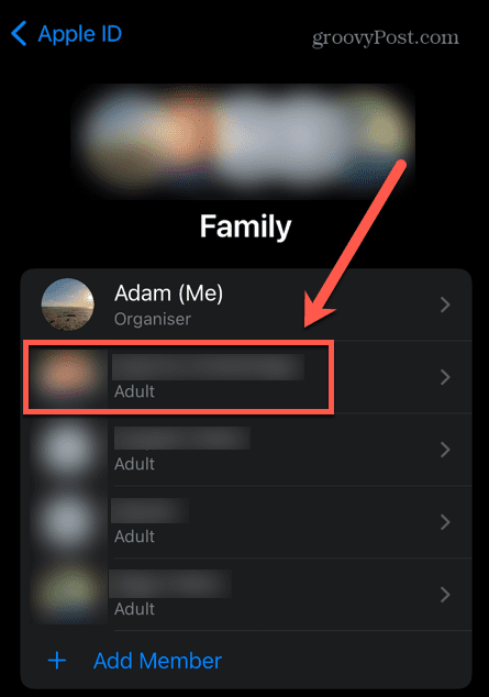 iPhone wybierz członka rodziny