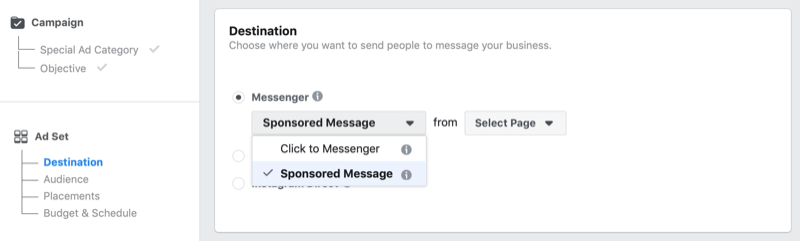 Opcja sponsorowanej wiadomości na Facebooku w Menedżerze reklam na Facebooku
