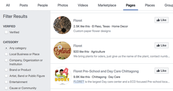 Wyniki wyszukiwania strony na Facebooku dla Floret.