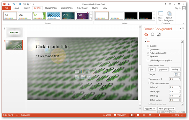 Szablon pakietu Office 2013 Utwórz Utwórz projekt niestandardowy POTX Dostosuj slajdy samouczek Jak ustawić niestandardowe tło