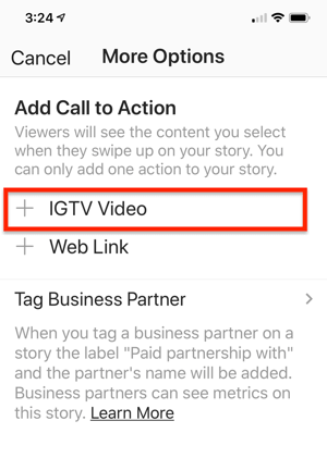 Opcja wyboru łącza wideo IGTV, aby dodać ją do historii na Instagramie.