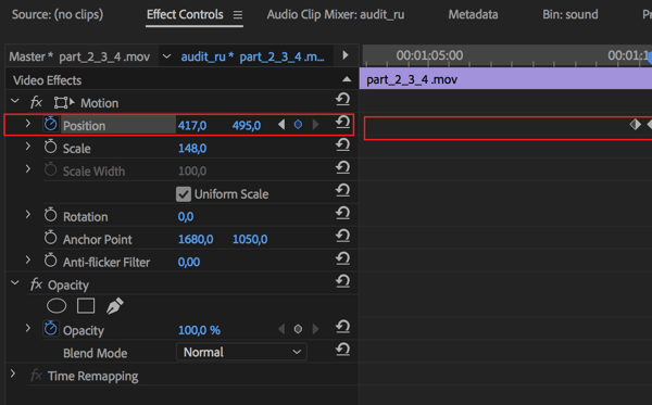 Ustawienie dostosowania pozycji środkowej dla każdej klatki w sekwencji w programie Adobe Premier Pro.