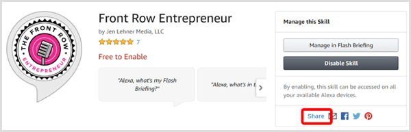 Kliknij łącze Udostępnij dla swoich umiejętności w sklepie Alexa Skill.