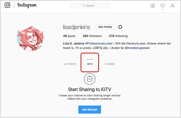 Zakładka IGTV na profilu na Instagramie.