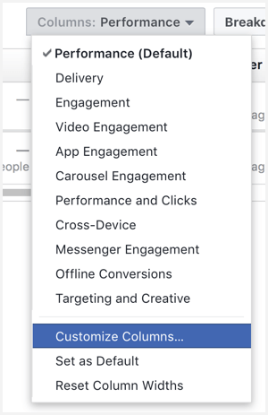 menedżer reklam na Facebooku dostosuj kolumny