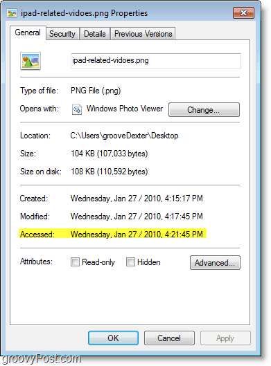 Zrzut ekranu systemu Windows 7 - data dostępu nie jest aktualizowana zbyt dobrze