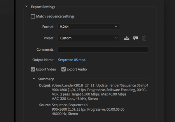 Ustawienie eksportowania wideo Adobe Premier Pro z ustawieniem Format na H.264.