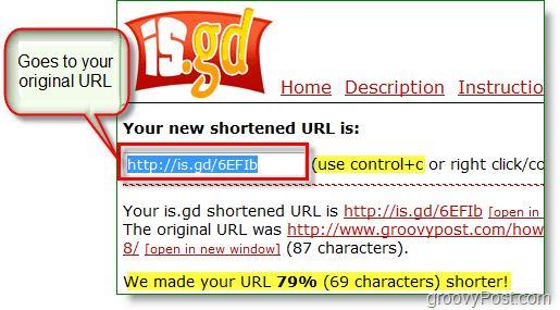 Zrzut ekranu skracacza adresu URL is.gd - skopiuj nowy krótki adres URL