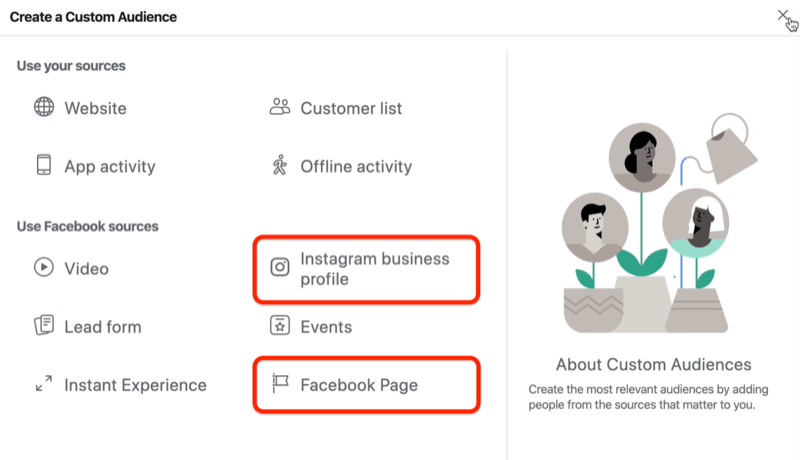 zrzut ekranu okna Utwórz niestandardową grupę odbiorców z opcjami profilu firmy na Instagramie i strony na Facebooku zakreślonymi na czerwono