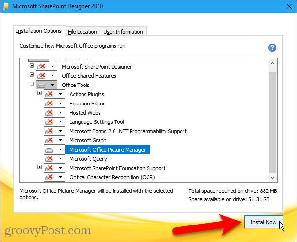 Kliknij Zainstaluj teraz, aby zainstalować Microsoft Office Picture Manager z Sharepoint Designer 2010