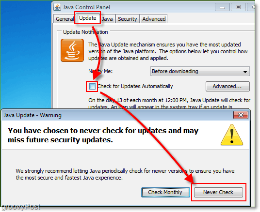 Zrzut ekranu: Windows 7 Wyłącz sprawdzanie aktualizacji Java