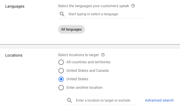 Jak skonfigurować kampanię reklamową YouTube, krok 12, ustawić opcje wyświetlania języka i lokalizacji