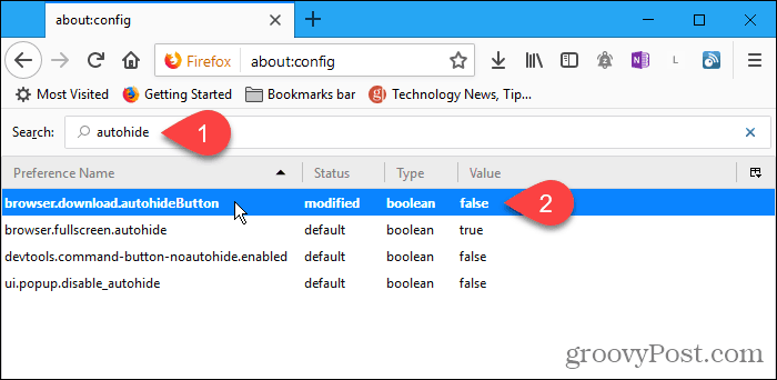 Kliknij dwukrotnie ustawienie konfiguracji autohideButton w przeglądarce Firefox