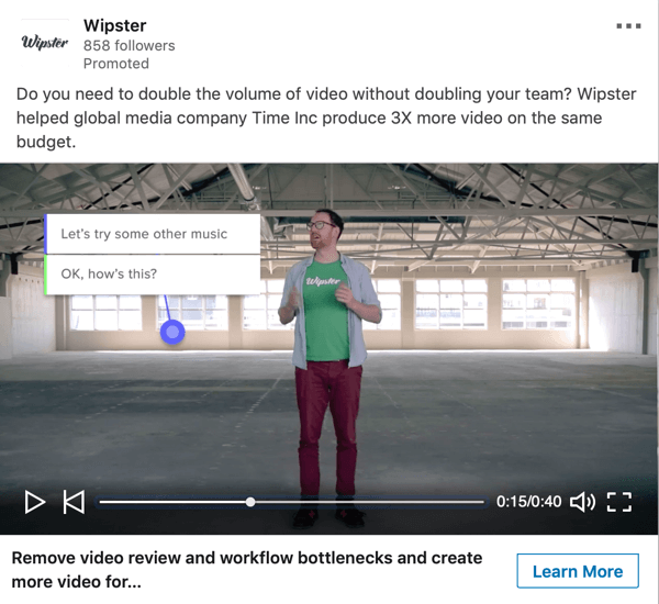 Jak tworzyć reklamy LinkedIn oparte na celach, przykład sponsorowanej reklamy wideo firmy Wipster