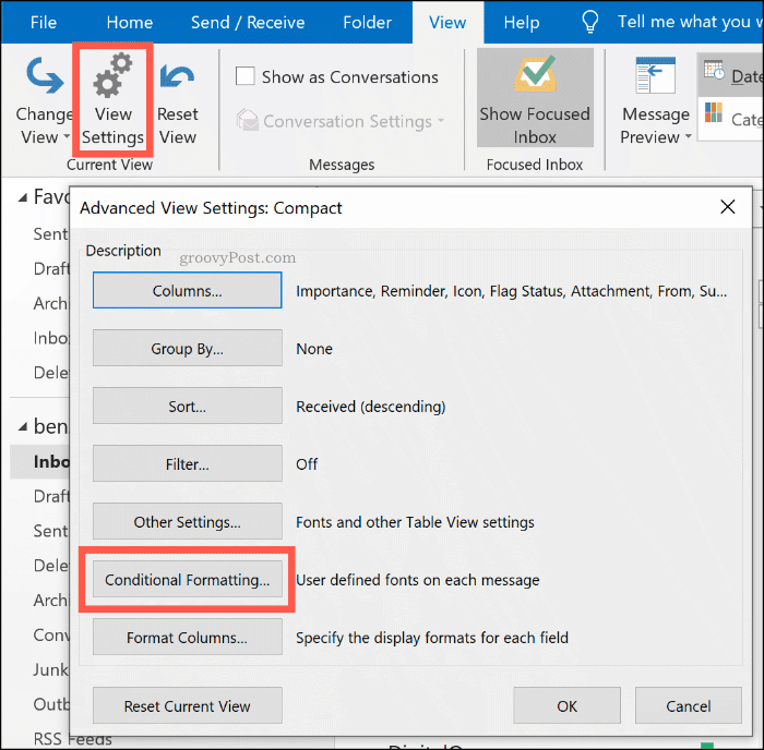 Przycisk opcji formatowania warunkowego w programie Microsoft Outlook