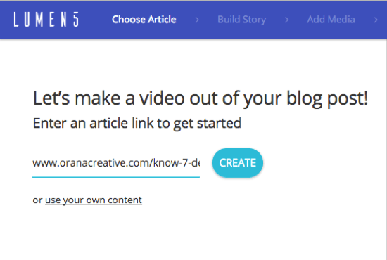 Dodaj adres URL posta na blogu, z którego chcesz utworzyć wideo Lumen5.