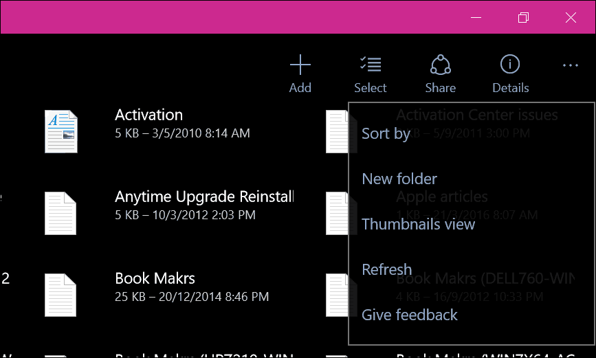 Okna aplikacji OneDrive 10 5