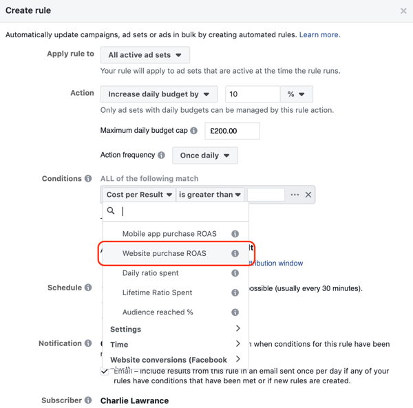Użyj automatycznych reguł Facebooka, zwiększ budżet, gdy ROAS będzie większy niż 2, krok 3, ustal warunki