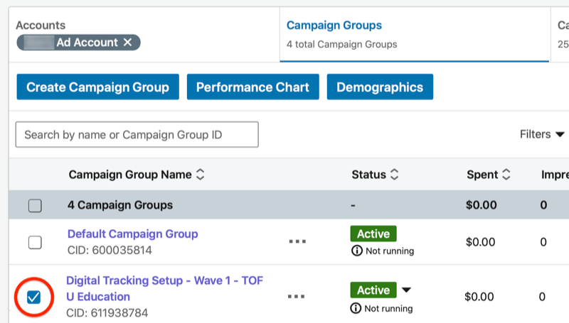 linkedin w panelu menedżera kampanii z podświetloną nową grupą kampanii