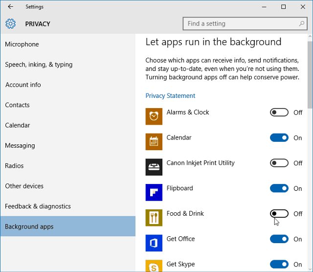 Wyłącz aplikacje działające w tle Windows 10