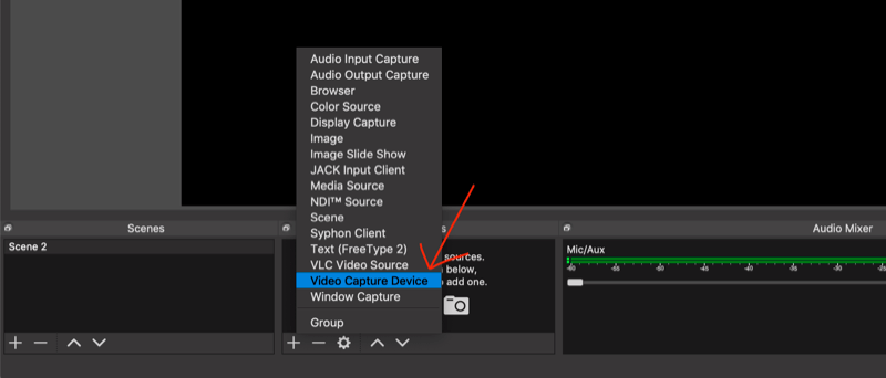 wybierz Video Capture Device z wyskakującego menu w OBS Studio