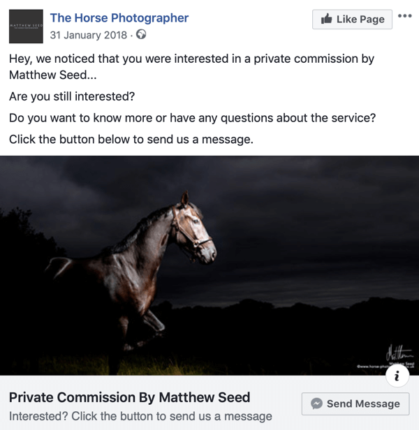 Jak przekonwertować odwiedzających witrynę za pomocą reklam Facebook Messenger, krok 3, przykład posta autorstwa The Horse Photographer