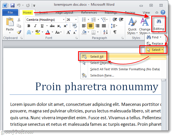 zaznacz cały tekst w dokumencie Word 2010