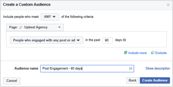 Wybierz opcje, aby skonfigurować niestandardową grupę odbiorców na Facebooku w oparciu o osoby, które weszły w interakcję z dowolnym postem lub reklamą w ciągu ostatnich 90 dni