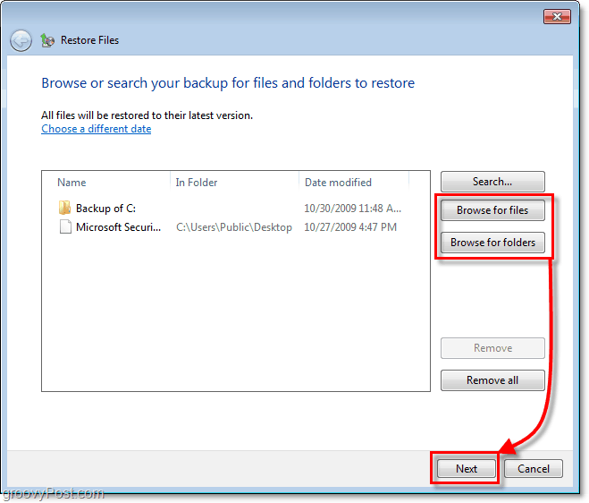 Kopia zapasowa systemu Windows 7 - wybierz pliki lub foldery, które chcesz przywrócić