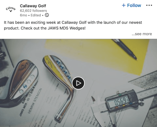 Callaway Golf Film na LinkedIn zapowiadający nowy produkt