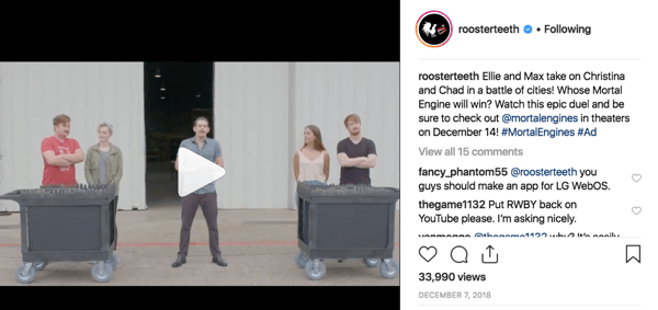 Przykład zaangażowania superfanów Rooster Teeth na Instagramie.
