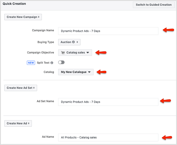 Okno szybkiego tworzenia w Menedżerze reklam na Facebooku