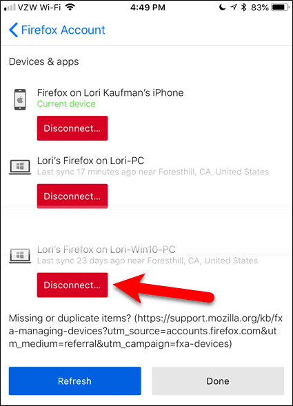 Odłącz urządzenie w przeglądarce Firefox na iOS