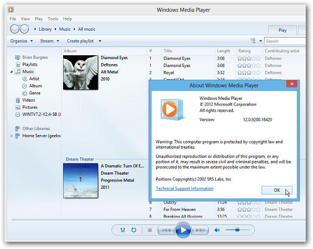 Windows Media Player na pulpicie Windows 8