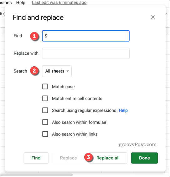 Znajdź i zamień menu w Arkuszach Google