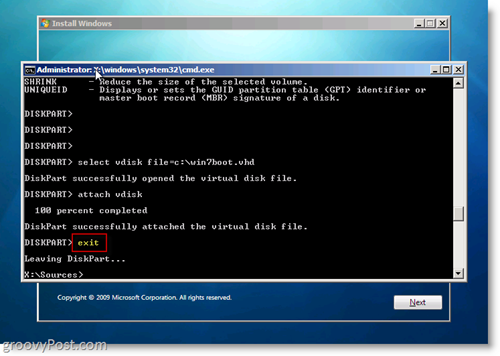 Windows 7 Native VHD Install Dual Boot Exit CMD Monit