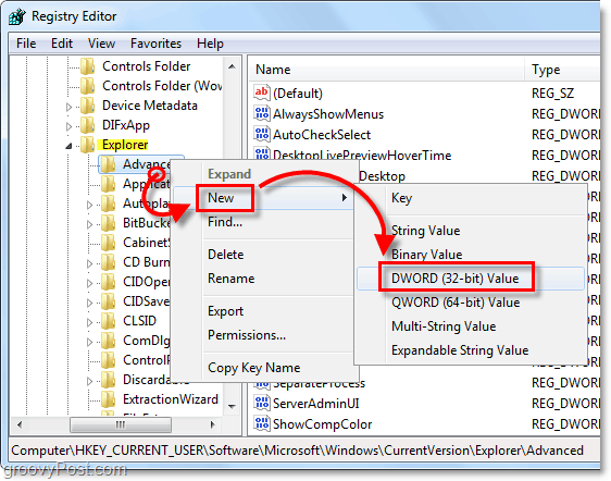 utwórz nowy dword 32-bitowy w HKEY_CURRENT_USERS SoftwareMicrosoftWindowsCurrentVersionExplorer Zaawansowane Windows 7