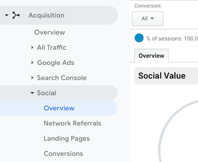 menu nawigacyjne w Google Analytics z wybranymi Społecznościami> Przegląd