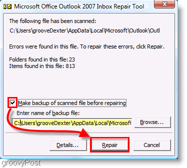 Zrzut ekranu - menu naprawy programu ScanPST programu Outlook 2007