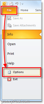 menu opcji w programie Outlook 2010