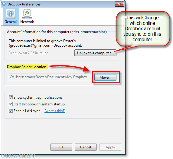 Zrzut ekranu Dropbox - zmień domyślną lokalizację Dropbox lub zmień / usuń konta Dropbox