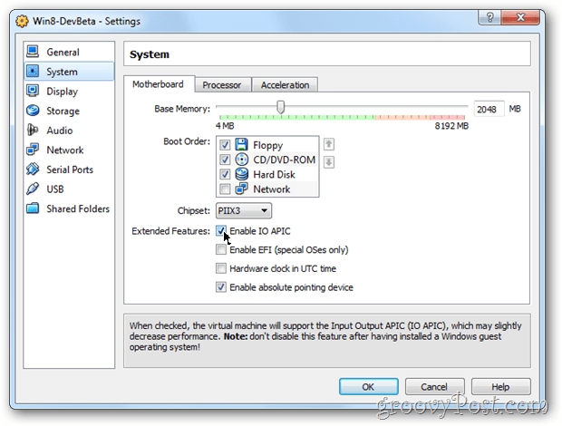 Konfiguracja konfiguracji płyty głównej systemu VirtualBox włącza apic Windows 8